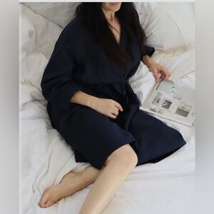 ST. BARTS LINEN ROBE Elegant 100% Linen Navy Blue Women's Robe